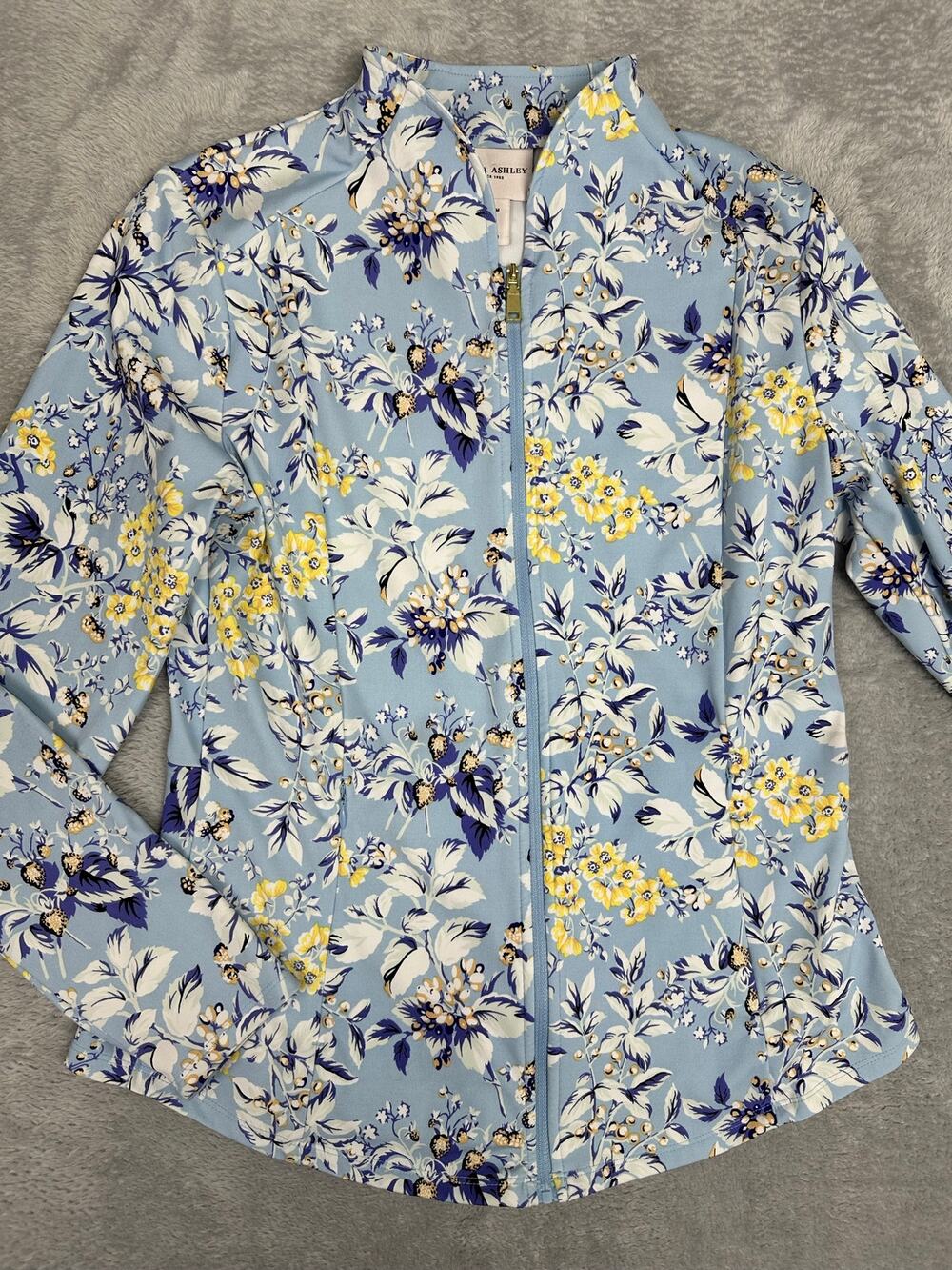 Laura Ashley Blue Floral Full-Zip Lightweight Activewear Jacket Size Medium
